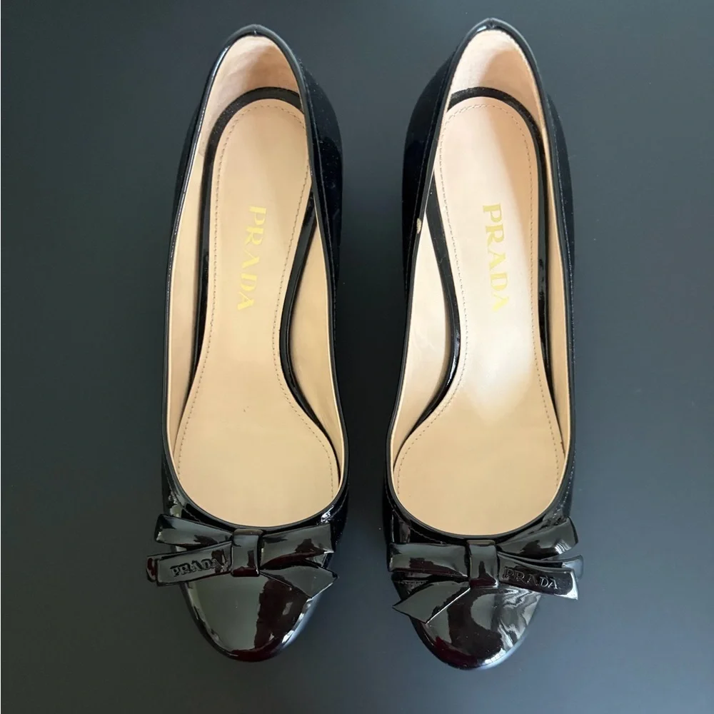 Prada Black Patent Leather Heels with Bow